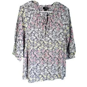 ANA A New Approach Women's Top White Floral Ruffle Tie Blouse L  3/4 Sleeve Sz S
